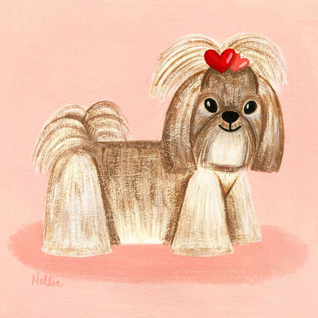 Painting of a cartoon shih tzu, with its hair put up into a ponytail atop its head with red heart shaped hair clips. It stands and smiles, against a pink background. 