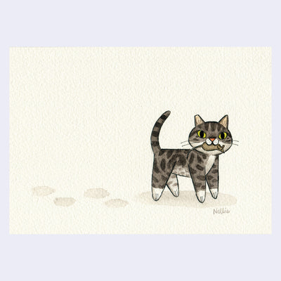 Watercolor painting of a gray tabby cat, walking with a mouse in its mouth.