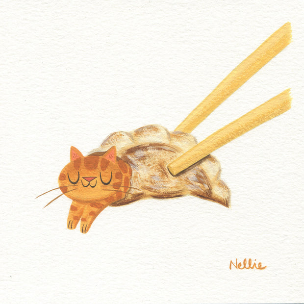 Watercolor painting of a gyoza being held up with chopsticks and an orange cat popping out of it.