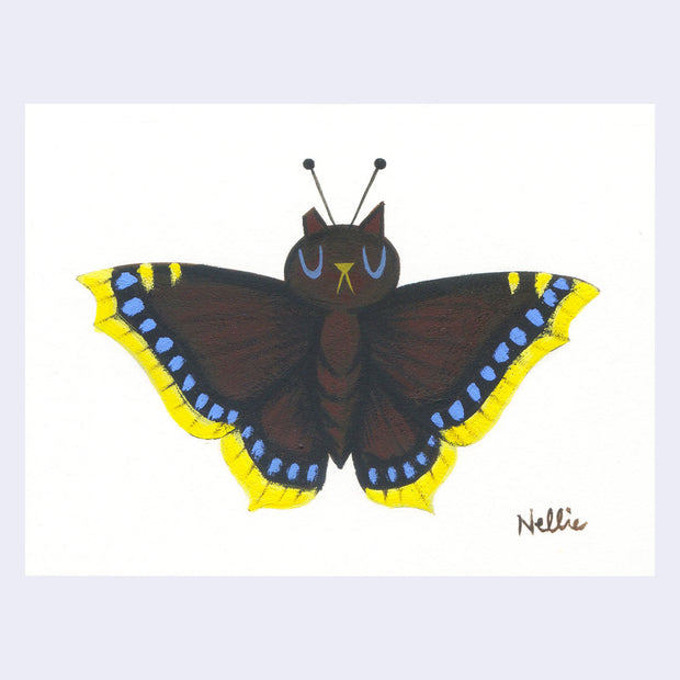 Painting of a black moth with a cat's head and blue and yellow wing color accents.