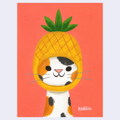 Illustration of a cartoon calico cat, smiling with a pineapple hood hat. Background is an orangish shade of red.