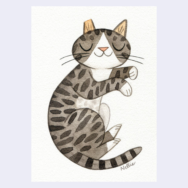 Watercolor painting of a gray striped cat with a white underbelly, laying with its body turned to the side and smiling with closed eyes.