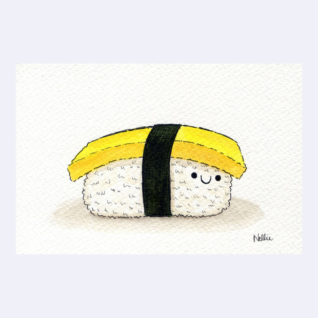 Simple watercolor illustration of a piece of tamago sushi with a simple cartoon smiling face.