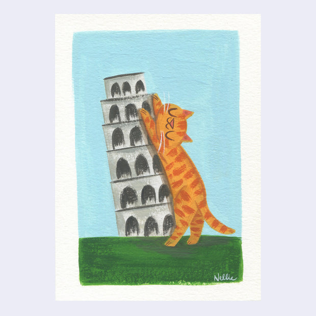 Painting of a orange cat stretched up against the Leaning Tower of Pisa, which is the same size as the cat.