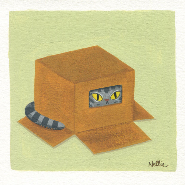 Watercolor painting of a gray striped cat hiding under a cardboard box, with a small opening for its face.