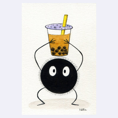 Watercolor illustration of a black soot sprite with large, cute cartoon eyes. It holds a cup of boba up over its head.