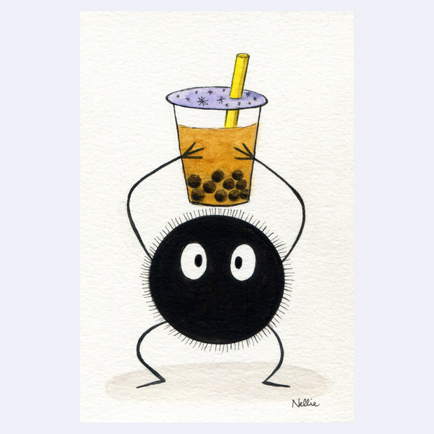 Watercolor illustration of a black soot sprite with large, cute cartoon eyes. It holds a cup of boba up over its head.