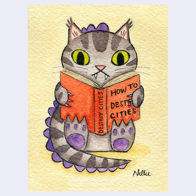 Illustration on yellow background of a gray tabby cat, drawn in a cartoon style, sitting and reading a book called "How to Destroy Citites." The cat has purple spikes along its back and a tail like a Godzilla.