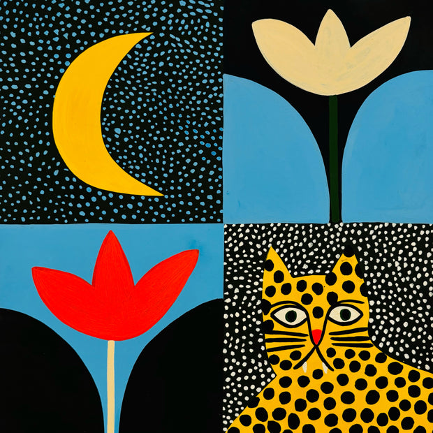 Painting divided into 4 quadrants, all within a color scheme of black, blue, yellow and red. Going clockwise from top left: a moon against polka dot background, a white flower, a cartoon style leopard against polka dot background and a red flower.