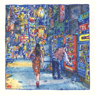 Highly detailed blue ink and watercolor illustration of a busy alleyway scene in a city, likely Japan. A woman wearing a dress and heels walks away from the viewer and a man in front of her gets a drink from a vending machine. Many lights and neon signs light up the night scene.