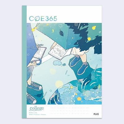 Notebook with an anime style illustration on the front cover in mostly blue and teals, of a view from overhead of kids holding umbrellas and standing near a reflective umbrella.