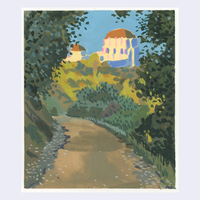 Plein air painting of the Observatory, seen from a dirt path lined by trees. The sunset casts warm light onto the Observatory with the rest of the scene cast in shadow.