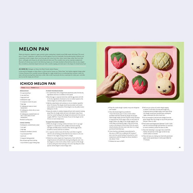 Page excerpt, featuring a step by step recipe for Melon Pan accompanied by photographs of melon pan in the classic shape and then in shapes of strawberries and Miffy.