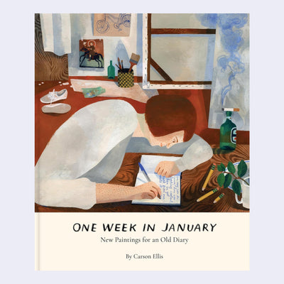 Cover illustration for One week in January featuring a woman writing in her journal at a desk in an artist studio with various art supplies around.