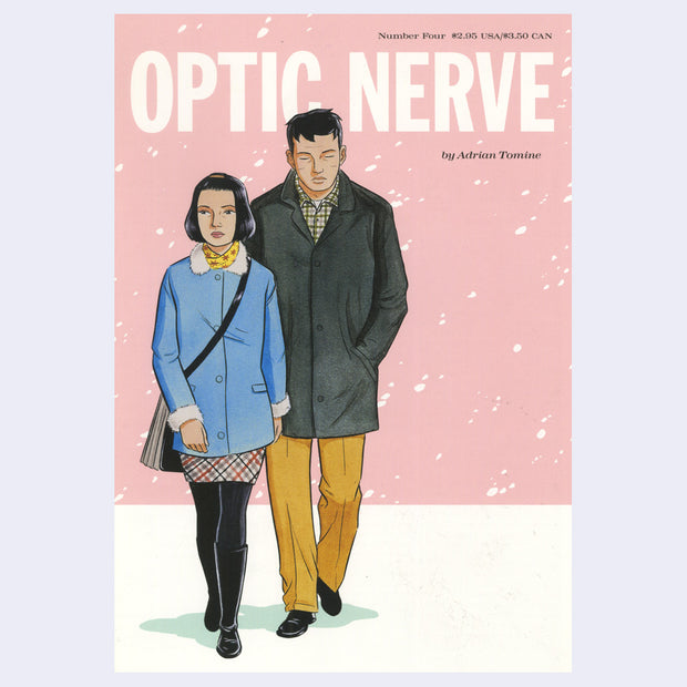 Cover for issue #4 of "Optic Nerve" comic, featuring an illustration of a pair walking in the snow - a younger Asian woman dressed fashionably and a middle aged man behind her.