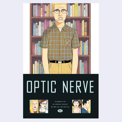 Cover for Issue #5 of "Optic Nerve" comic featuring an illustration of a nerdy looking blonde boy standing in front of a book case.