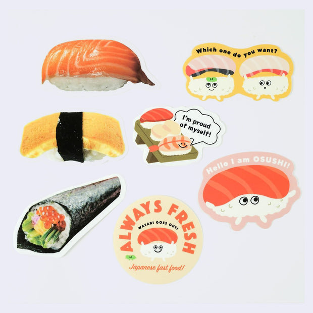 7 individual sushi themed stickers, some a more realistic photographic design and the others a cute illustrated style.