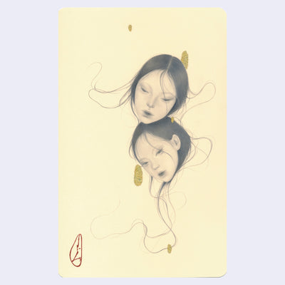 Colored pencil illustration on cream colored paper of 2 heads stacked atop one another.