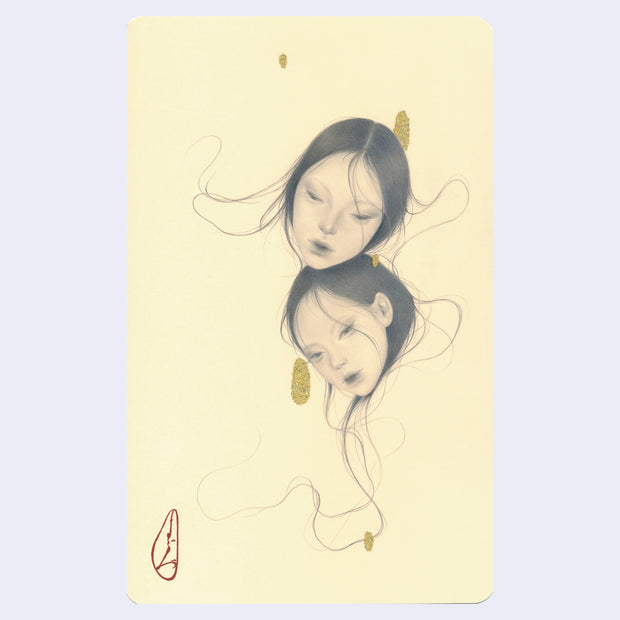 Colored pencil illustration on cream colored paper of 2 heads stacked atop one another.