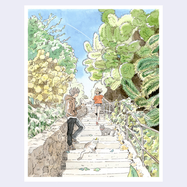 Illustration of a boy and a girl standing on some outdoor stairs, seen from below. It is a windy day and can be seen by their hair and the surrounding trees. 2 cats sit on the stairs.