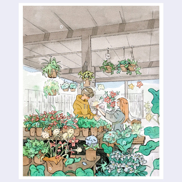 Illustration of a woman and a man inside a nursery, with lots of potted plants on tables and hanging from ceiling hooks. The girl holds a bouquet and extends out her arms to the boy.