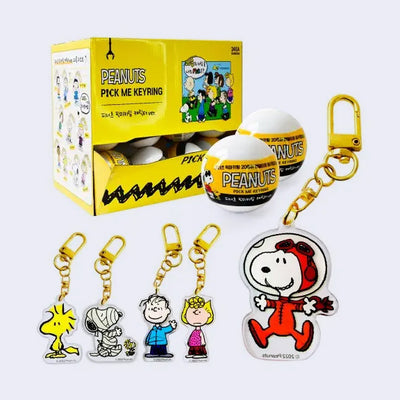 Acrylic keychains with designs of Peanuts characters, such as Snoopy, Woodstock, Linus and Sally. They are attached to gold hardware and come from a blind capsule.