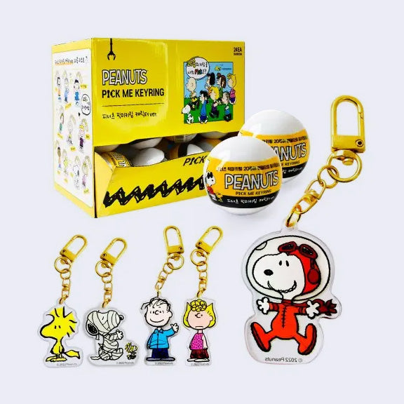 Acrylic keychains with designs of Peanuts characters, such as Snoopy, Woodstock, Linus and Sally. They are attached to gold hardware and come from a blind capsule.