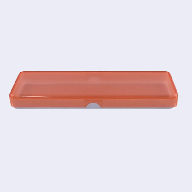 Coral orange translucent pencil case with an aqua blue colored bottom, closed so the colors combine slightly.