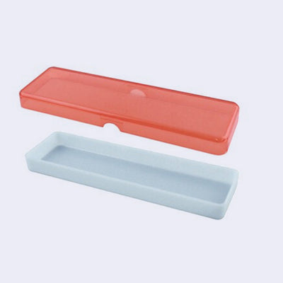 Coral orange translucent pencil case with an aqua blue colored bottom. The top is separated from the bottom.