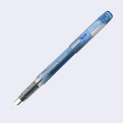 Clear blue bodied pen with a blue-black interior and a fountain pen nib tip.