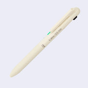 Smooth bodied cream or beige colored pen with a pocket clip and a slightly leathery grip. 