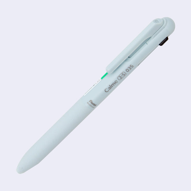 Smooth bodied light blue colored pen with a pocket clip and a slightly leathery grip. 