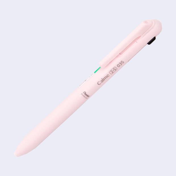 Smooth bodied light pink colored pen with a pocket clip and a slightly leathery grip. 