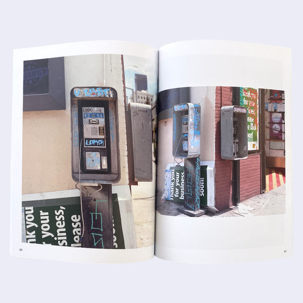 Open book 2 page spread, featuring a photograph on each page of a public telephone stall, mostly graffiti'd with one of the telephones cut off the cord.