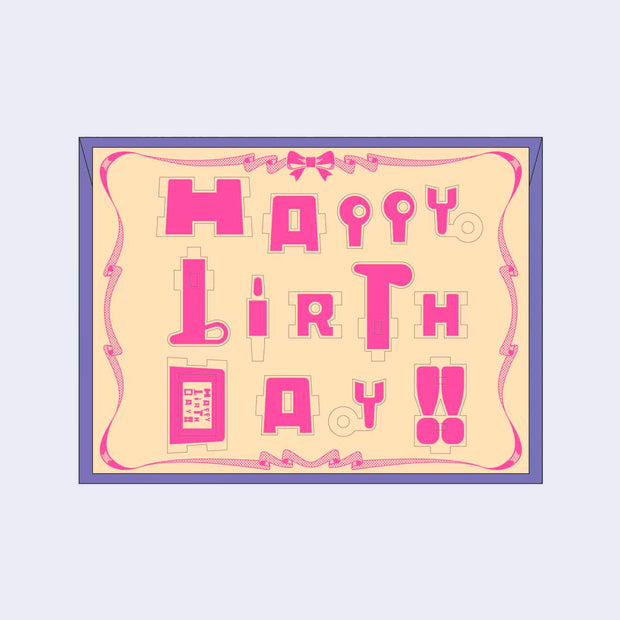 Flat wooden card that reads "happy birthday!!" in semi abstract letters. 