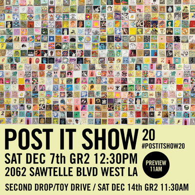 Show poster for Post it Show 20, with the top 2/3rds featuring an image of dozens of sticky notes on a wall in a close, grid pattern with almost no space in between. Bottom 3rd of the poster features information such as time, date, and address of the show.