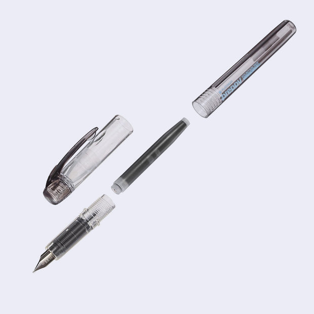 Clear bodied pen with a black interior and a fountain pen nib tip.