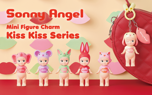 Promo photo featuring 6 different Sonny Angel figurines, all nude on the bottom but wearing t-shirt of Valentine's themed colors that say sentiments such as "hug", "love", "xoxo", etc. They all wear hood hats that are shaped like animal heads matching their t-shirt colors.