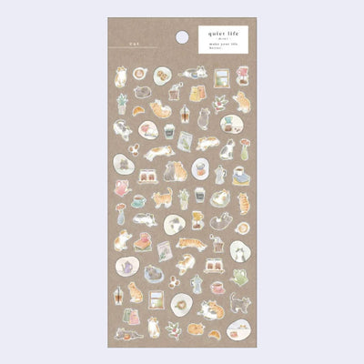 Sticker sheet with dozens of small stickers of cats and cafe themed items.