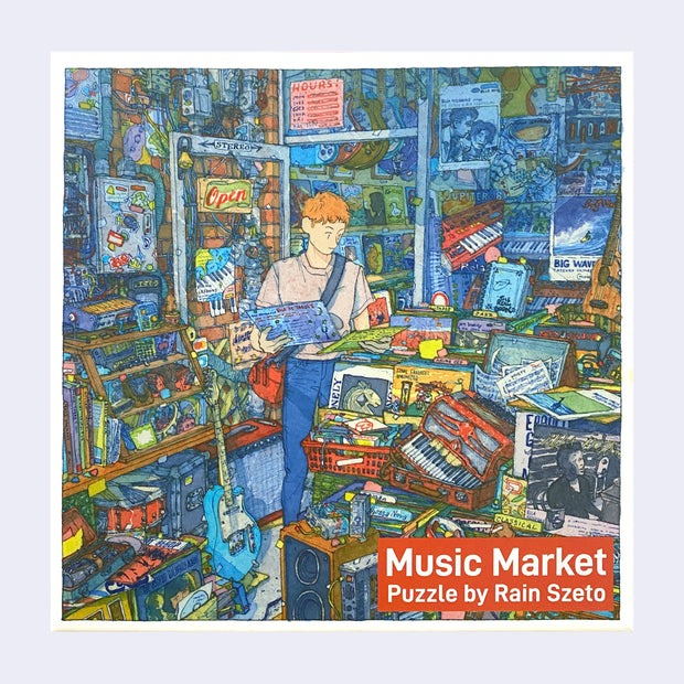 Puzzle box featuring a drawing of a busy record and music store, with stacks of crates holding instruments, records, CDs and other music accessories. A short haired person with a sling bag looks through the piles.