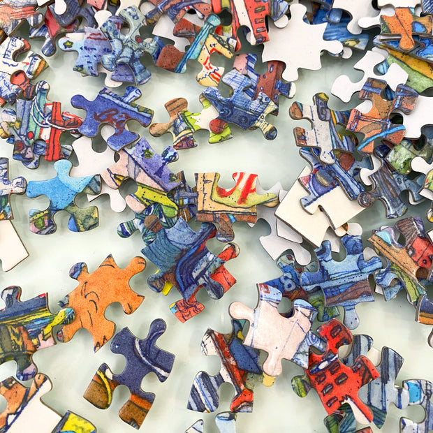 Assortment of puzzle pieces.