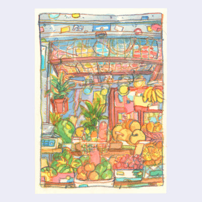 Stylistically loose colored pencil and watercolor illustration of a fruit stall at an outdoor market, with baskets and cartons full of melons, cherries, peaches, apples, etc. 