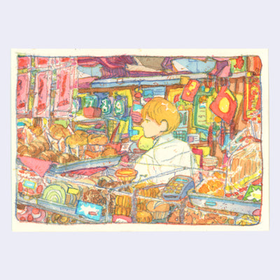 Stylistically loose colored pencil and watercolor illustration of a bakery stall at an open air market, with rows of various baked goods - breads, pastries, cakes, etc, in a plastic case and atop it in trays. A person stands behind the case counter with several brightly colored decorative items behind them.