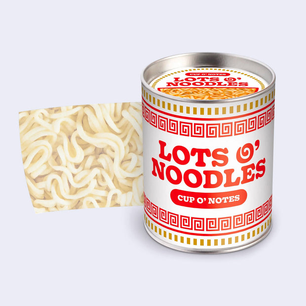 Sticky note roll, fashioned to look like a Cup O' Noodles cup, with a sheet of ramen noodle patterned sticky notes coming out the side.