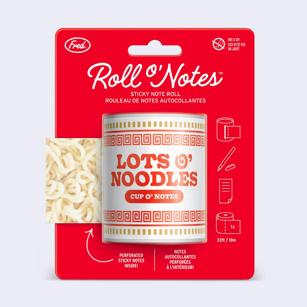 Product packaging for "Roll O' Notes" sticky note roll, fashioned to look like a package of cup o' noodles, with noodle patterned sticky notes.