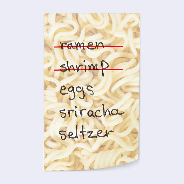 Ramen noodle patterned sticky note, with a grocery list written on it.