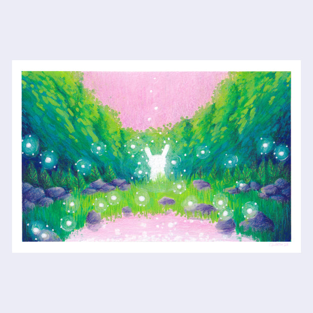 Color pencil illustration of a white bunny silhouette, sitting in a lush patch of grass with trees forming a circle around it. A pink sky is reflected into a small pond nearby, surrounded by purple stones.