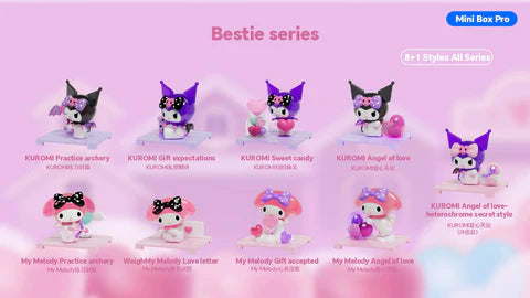 9 different figure options for the Sanrio Love Letter blind box series, either of Kuromi or My Melody sitting on a wooden platform and interacting with various love themed objects.