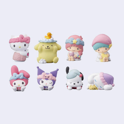 8 Sanrio Character figures, dressed in various bath and sleepwear and in relaxed, laying or sitting positions. Options are: Hello Kitty, Pompompurin, Lala and Kiki, My Melody, Kuromi, Pochacco and Cinnamoroll.