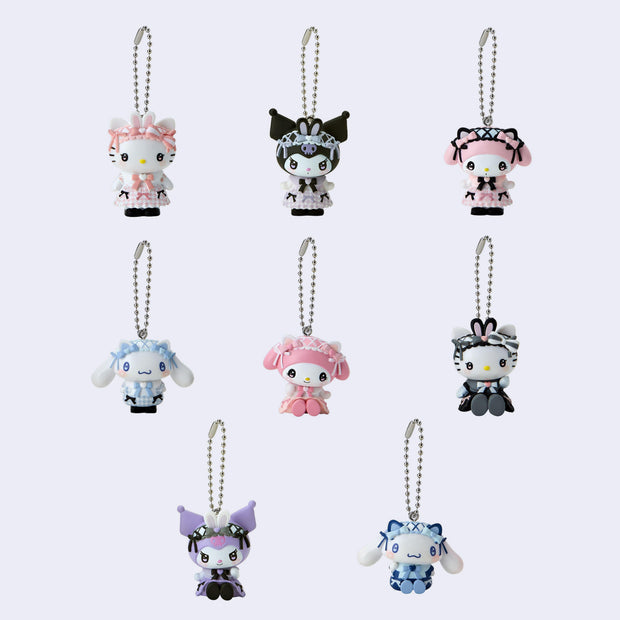 8 different mini Sanrio figures attached to ball chains, all dressed in a gothic Lolita style dress with dreamy eyes and blushed cheeks. Characters are: Hello Kitty, Kuromi, My Melody, and Cinnamoroll.